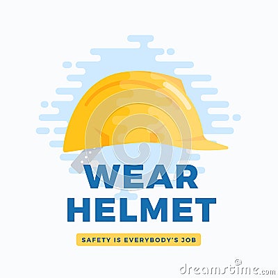 Wear safety helmet warning label. Flat style construction hardhat icon advertising illustration. Protective headgear Vector Illustration