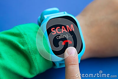 Wearable kids smart watch receive unwanted scam call and track location with touch screen and voice service and boys hand try to Stock Photo