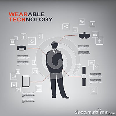 Wearable technology concept vector infographics with smart devices such as smartwatch, virtual reality, fitness tracker Vector Illustration