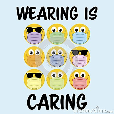 Wearing is caring text with face mask wearing emoji mask changing colour Cartoon Illustration
