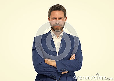 Wearing formal clothes gives confidence. Confident man keep arms crossed isolated on white. Senior manager wear formal Stock Photo