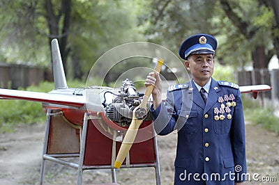 Wearing a military air force level 6 officers in front of the rc drone Editorial Stock Photo