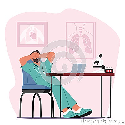 Weary And Disheartened Doctor Slouches In His Office, Burdened By Exhaustion And Sorrow, Vector Illustration Vector Illustration