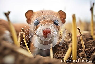 a weasels whiskers twitching at the mouth of a burrow Stock Photo