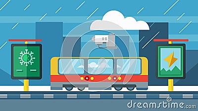 A weather alert system on a subway train using realtime weather data to adjust train speeds and provide timely warnings Vector Illustration