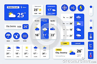 Weather app widget. Ui icon for screen. Week or day forecast. Mobile meteorology with temperature graphic. Clouds, sun Vector Illustration