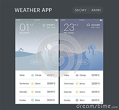 Weather Application Template. Rainy and snowy screens, UI UX app design. Vector layout. Vector Illustration