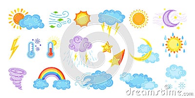 Weather cartoon set cute hand drawn sun rainbow Vector Illustration