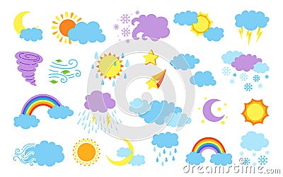 Weather cartoon set flat sun cloud bright rainbow Vector Illustration