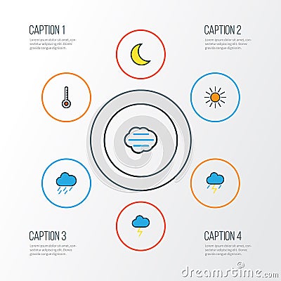 Weather Colorful Outline Icons Set. Collection Of Cloudburst, Hazy, Thunderstroke And Other Elements. Also Includes Vector Illustration