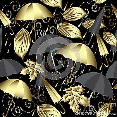 Weather 3d vector seamless pattern. Autumn abstract gold and black background with surface umbrellas, leaf fall, clouds, rain. Vi Vector Illustration