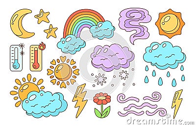 Weather doodle line set linear hand drawn climate meteorological infographic sign collection Vector Illustration