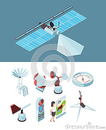 Weather equipment. Meteorological station satellite measurement socks wind observing place Vector Illustration