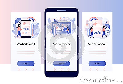 Weather forecast app. Meteorology thermometers. Sun, clouds, wind, thunderstorm, rain. Screen template for mobile smart Vector Illustration