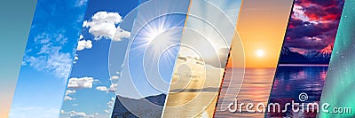 Weather forecast background, climate change concept, collage of sky image with variety weather conditions - bright sun and blue Vector Illustration