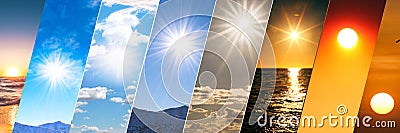 Weather forecast background, climate change concept, collage of sky image with variety weather conditions - bright sun and blue Vector Illustration