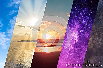 Weather forecast background, climate change concept, collage of sky image with variety weather conditions - bright sun and blue Vector Illustration