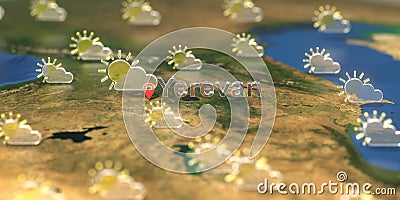 Partly cloudy weather icons near Yerevan city on the map, weather forecast related 3D rendering Stock Photo