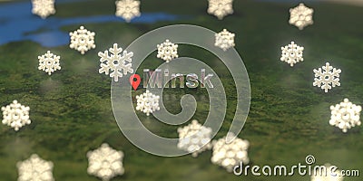 Snowy weather icons near Minsk city on the map, weather forecast related 3D rendering Stock Photo