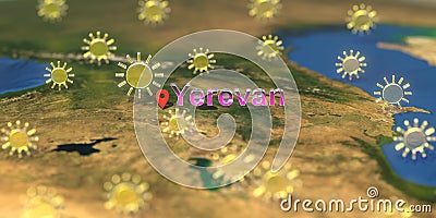 Sunny weather icons near Yerevan city on the map, weather forecast related 3D rendering Stock Photo