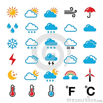 Weather forecast colorful icons set Stock Photo