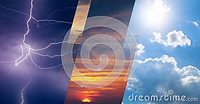 Weather forecast concept, collage of variety weather conditions Stock Photo