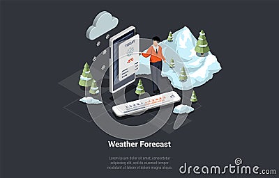 Weather Forecast for Every Day of the Week Concept. Weatherman Show In Application On Smartphone Screen Information Vector Illustration