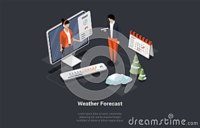 Weather Forecast For Every Day of the Week. Man Is Looking At Screen With Woman Weather Forecast Online Assistant Vector Illustration