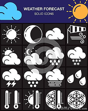 Weather forecast icons set, modern solid symbol collection, white pictogram pack isolated on black Cartoon Illustration