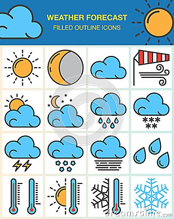 Weather forecast line icons set, filled outline symbol collection, linear colorful pictogram pack on white. Cartoon Illustration