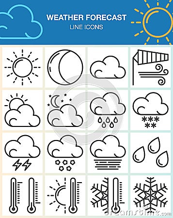 Weather forecast line icons set, outline vector symbol collection, linear pictogram pack isolated on white. Vector Illustration