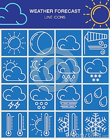 Weather forecast line icons set, outline vector symbol collection, linear white pictogram pack on blue. Vector Illustration