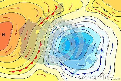 Weather forecast map of Canada. Movement of cold front to Canada. Template of climate map for synoptic prediction with pressure Stock Photo