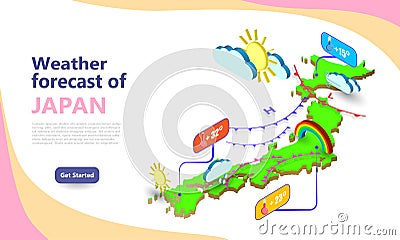 Weather forecast map of JAPAN. Isometric set icons location on country. Vector widgets layout of a meteorological Vector Illustration