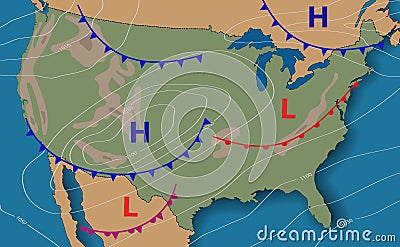 Weather forecast. Meteorological weather map of the United State of America. Realistic synoptic map USA with aditable generic map Stock Photo