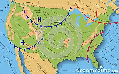 Weather forecast. Meteorological weather map of the United State of America. Realistic synoptic map USA with aditable generic map Stock Photo