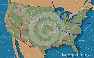 Weather forecast. Meteorological weather map of the United State of America. Realistic synoptic map USA with aditable generic map Stock Photo