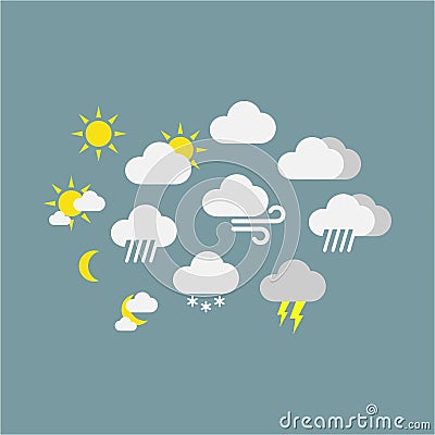 Weather forecast vector icon symbols. Colorful sunny, rainy, snowy, windy icons. Vector Illustration