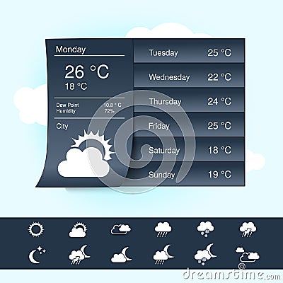 Weather forecast, widget, banner and symbols Vector Illustration