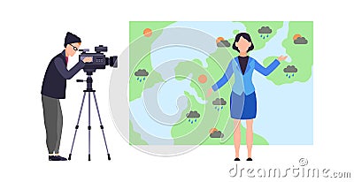 Weather forecast. Woman reporter standing on background of map with microphone and male operator with camera Vector Illustration