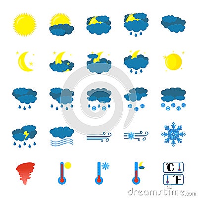 Weather icon set. Flat Symbols are isolated on white Background. Cartoon colorfull art vector illustrations. Vector Cartoon Illustration