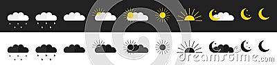 Weather icons. Forecast icons isolalated on white and black background. Climate signs. Meteo symbols. Meteorology set with sun, Vector Illustration