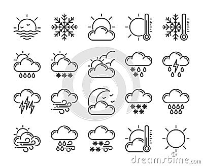 20 Weather icons. Weather Forecast line icon set. Vector illustration. Editable stroke. Vector Illustration
