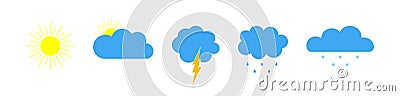 Weather icons. Forecast of weather. Symbosl of meteo forecast. Set of signs of cloud, sun, rain, cold and snow for climate. Vector Illustration