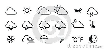 Weather icons set isolated on a white background. Clouds logo and sign collection. Black colors. Simple modern design. Flat style Vector Illustration