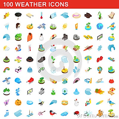 100 weather icons set, isometric 3d style Vector Illustration