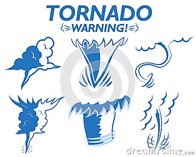 Weather icons set tornado warning clouds wind gusts of rain hail storm. Tornado season in the USA Stock Photo