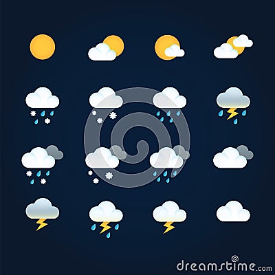 Weather icons sun and clouds in sky, rain with snow, thunder and lightning. Flat vector weather and meteorology for Vector Illustration