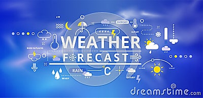 Weather infographic. Line climate forecast banner with rain, sunny or cold day elements. Clouds, sky and moon icons Vector Illustration