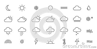 Weather line art icons set. Collection of thin modern symbols of weather. Outline meteorology shapes. Sun, rain, moon Vector Illustration